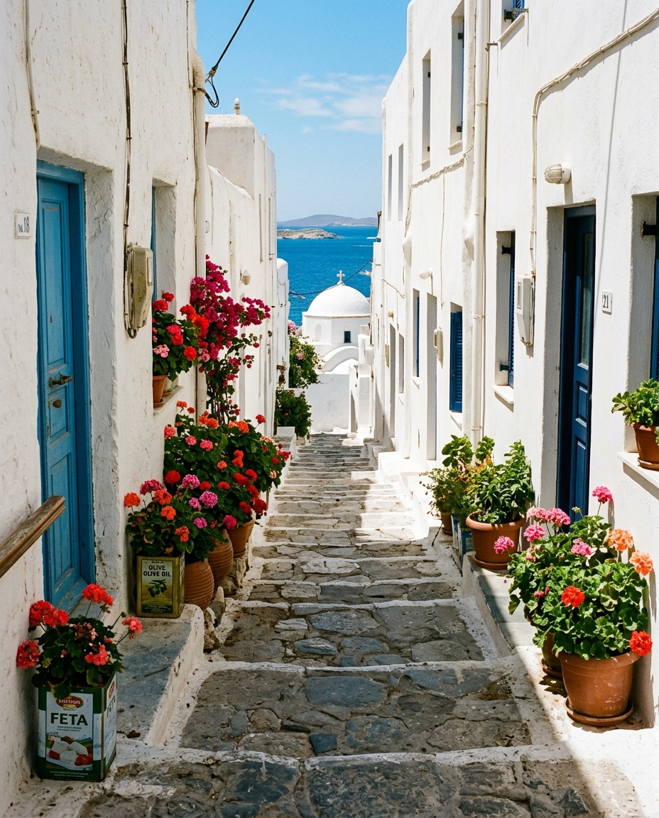 A stepped lane between whitewashed houses on a Greek island, running down to the sea