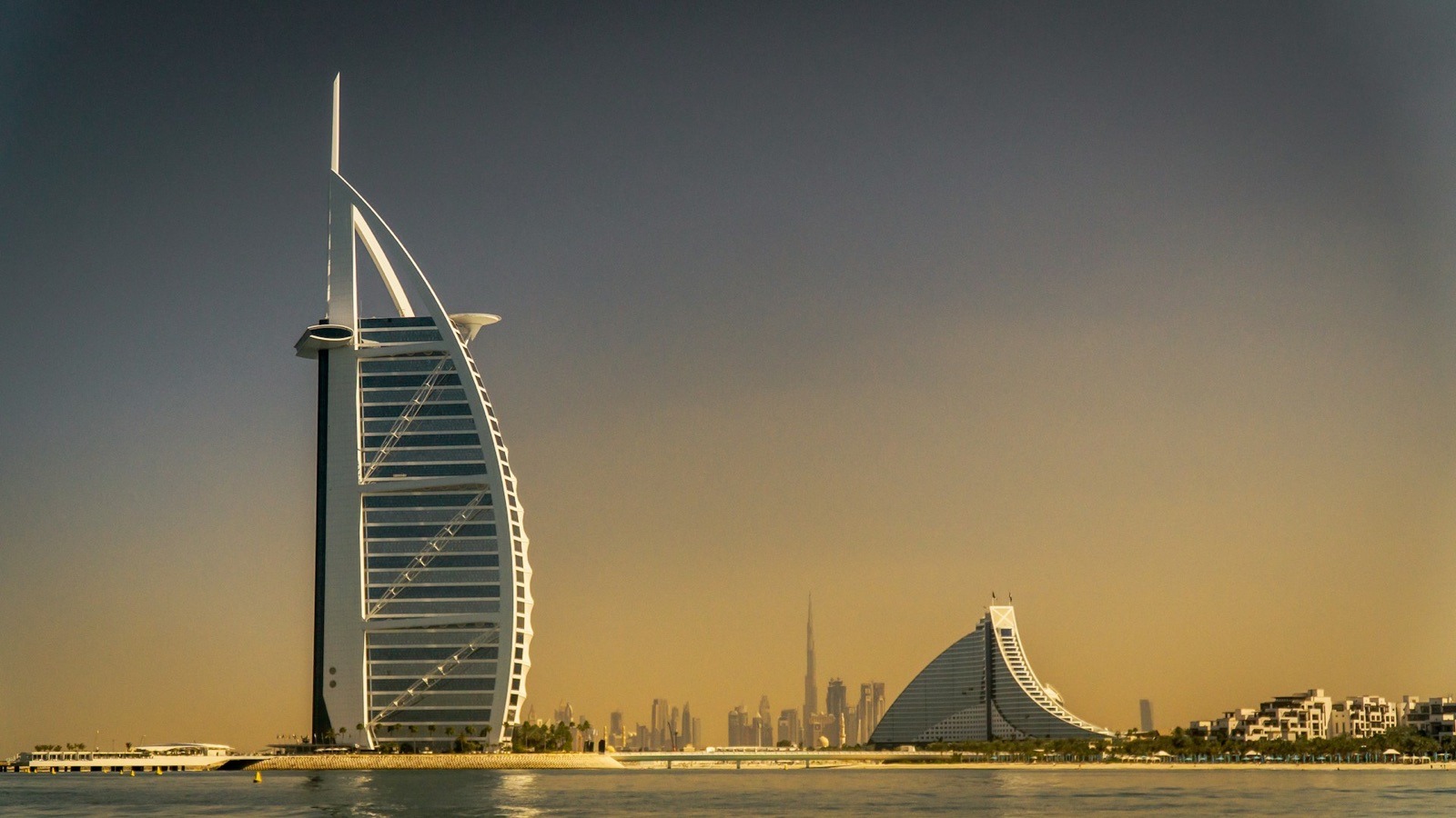The Dubai coastline at dusk, seen from the water