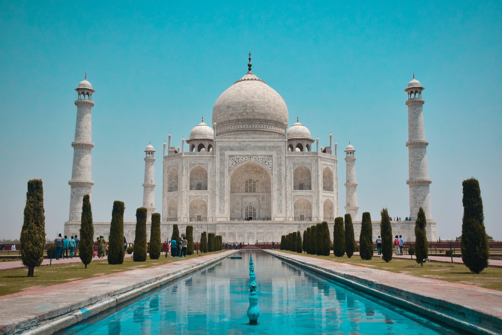 The Taj Mahal at the end of its reflecting pool