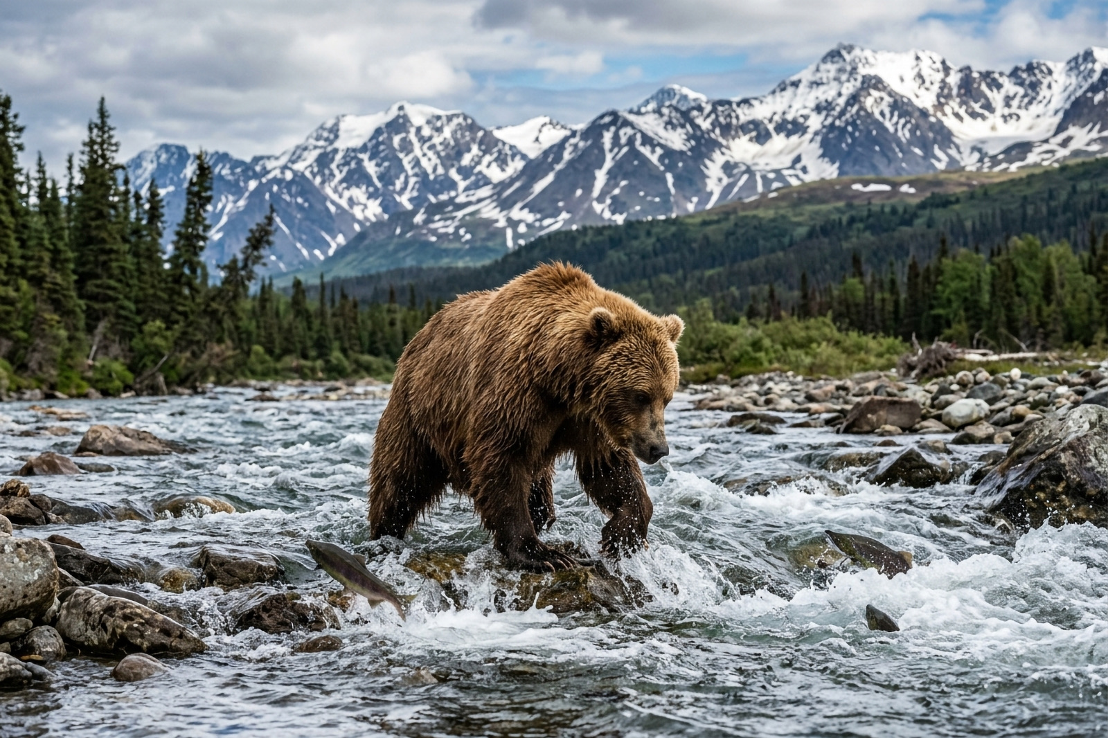 A brown bear fishing a river below snow-covered peaks in Alaska