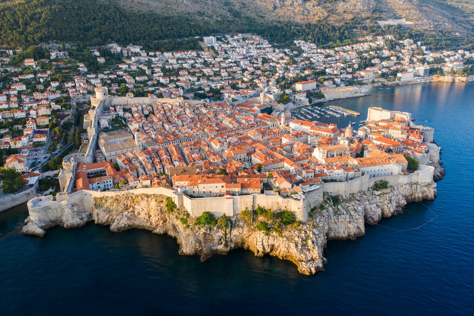 The walled old town of Dubrovnik on its headland, seen from the air