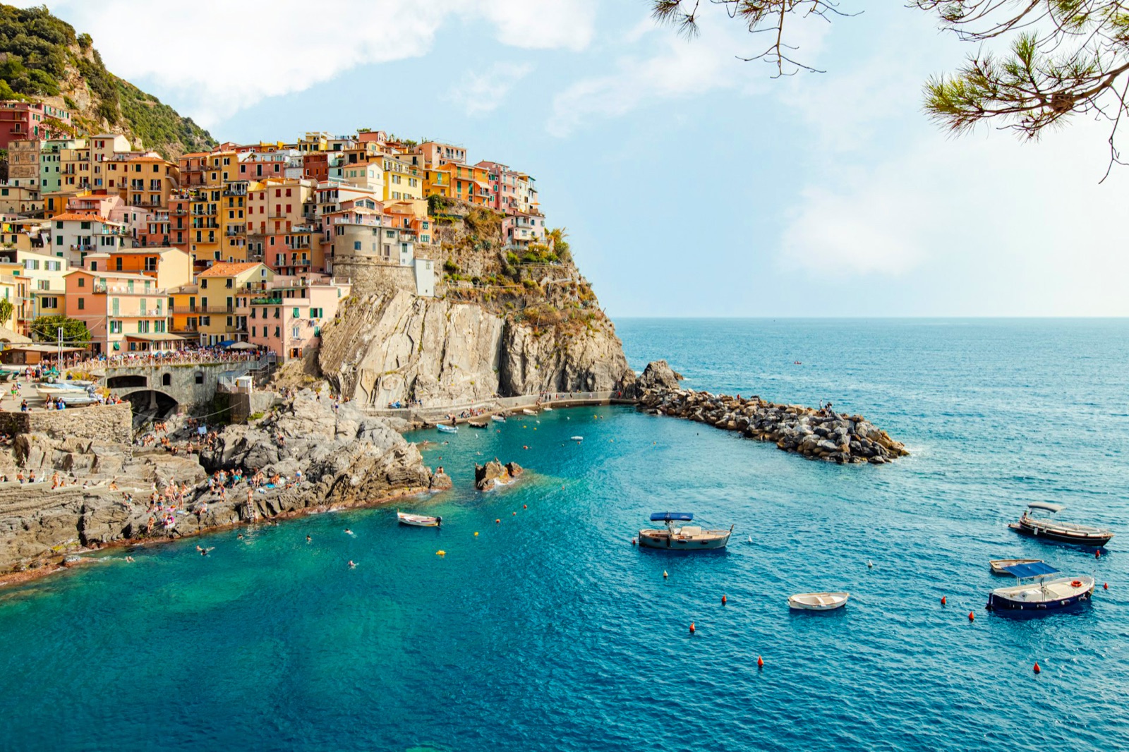 The painted houses of Manarola above the sea on the Ligurian coast