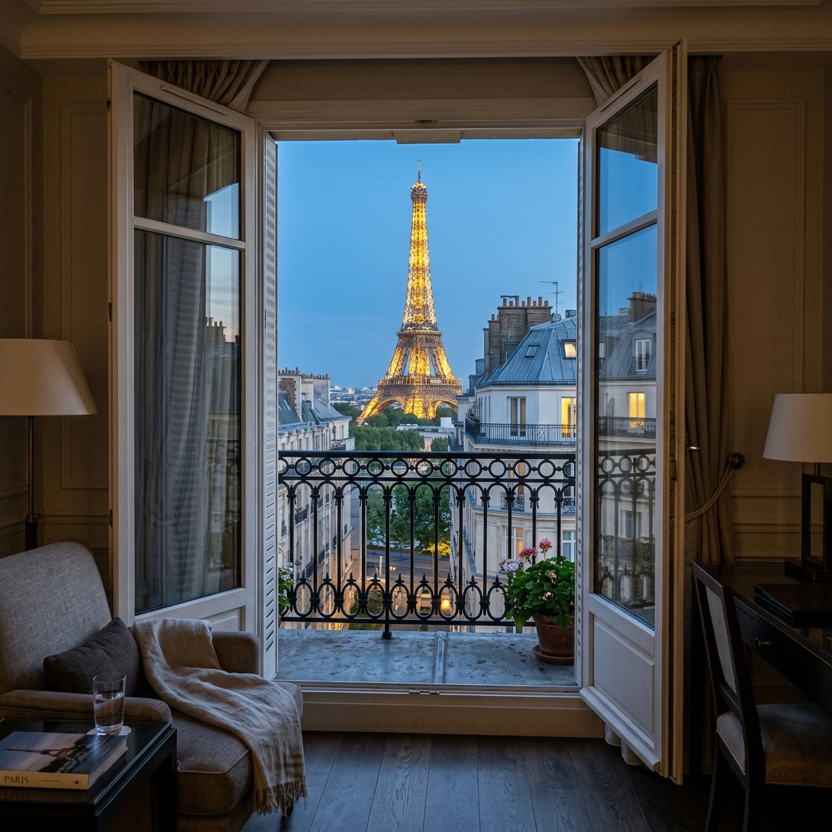 Open balcony doors looking out over Paris rooftops at dusk