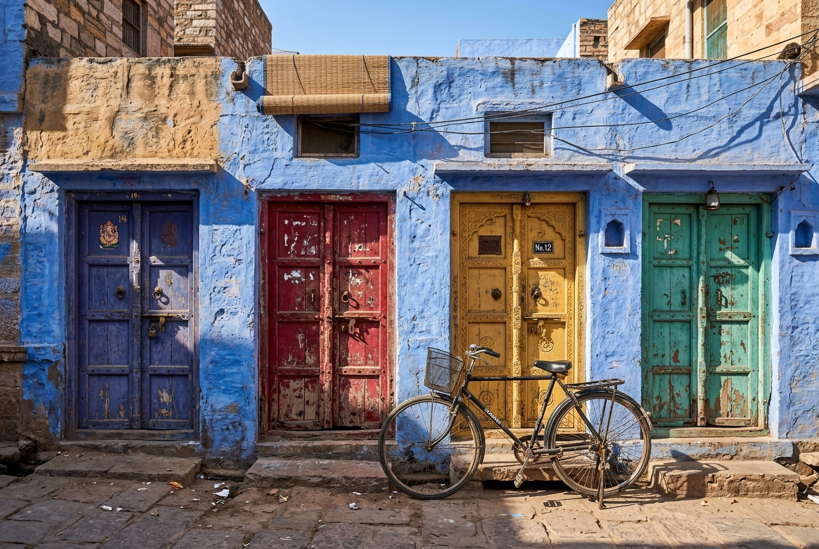Four painted doors, each a different color, along a blue street wall in Jodhpur
