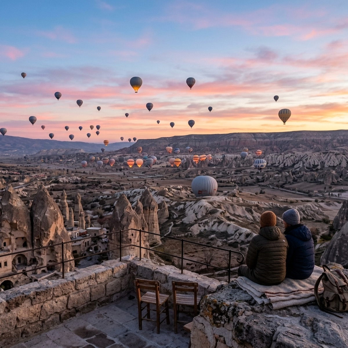 Two travelers watching balloons rise over Cappadocia at dawn