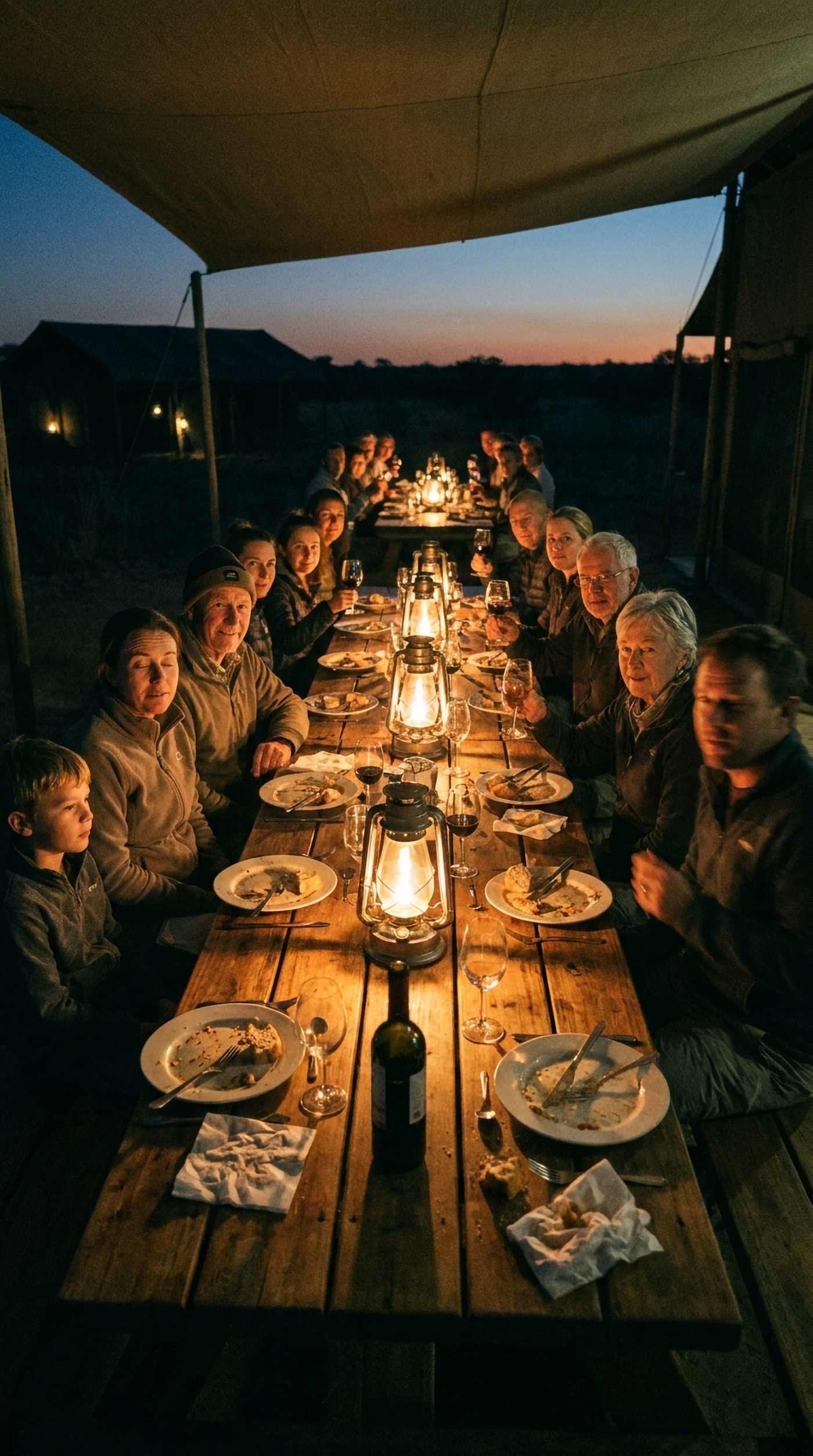 A long table laid for a large group outdoors