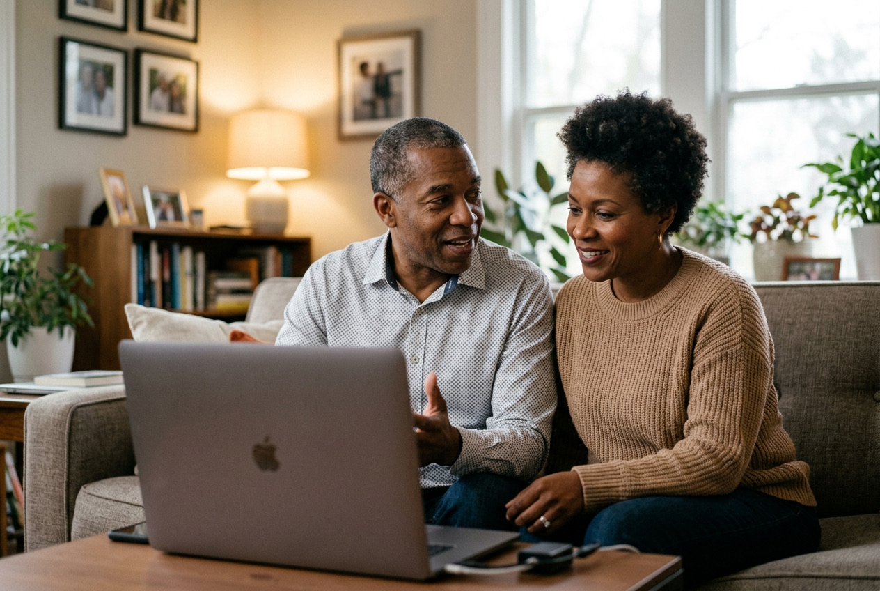 A couple at home working through the questions on a laptop