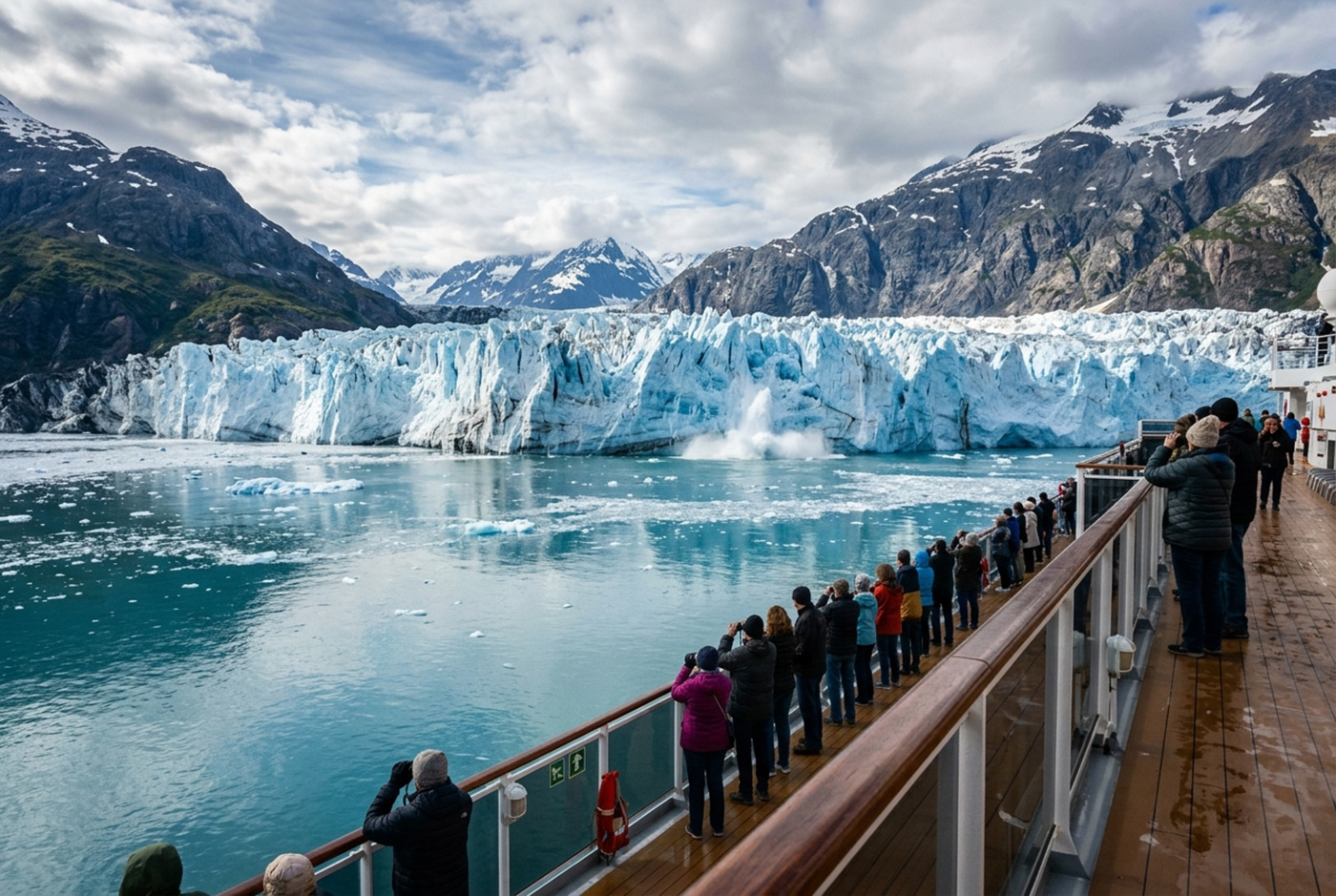 Passengers at the rail of a ship watching a glacier front in Alaska