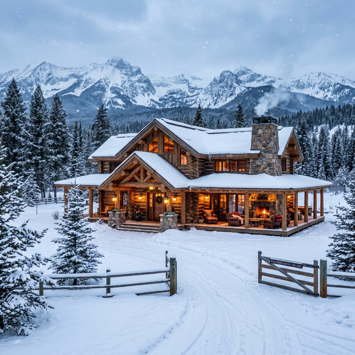 A log lodge with lit windows in deep snow below mountains
