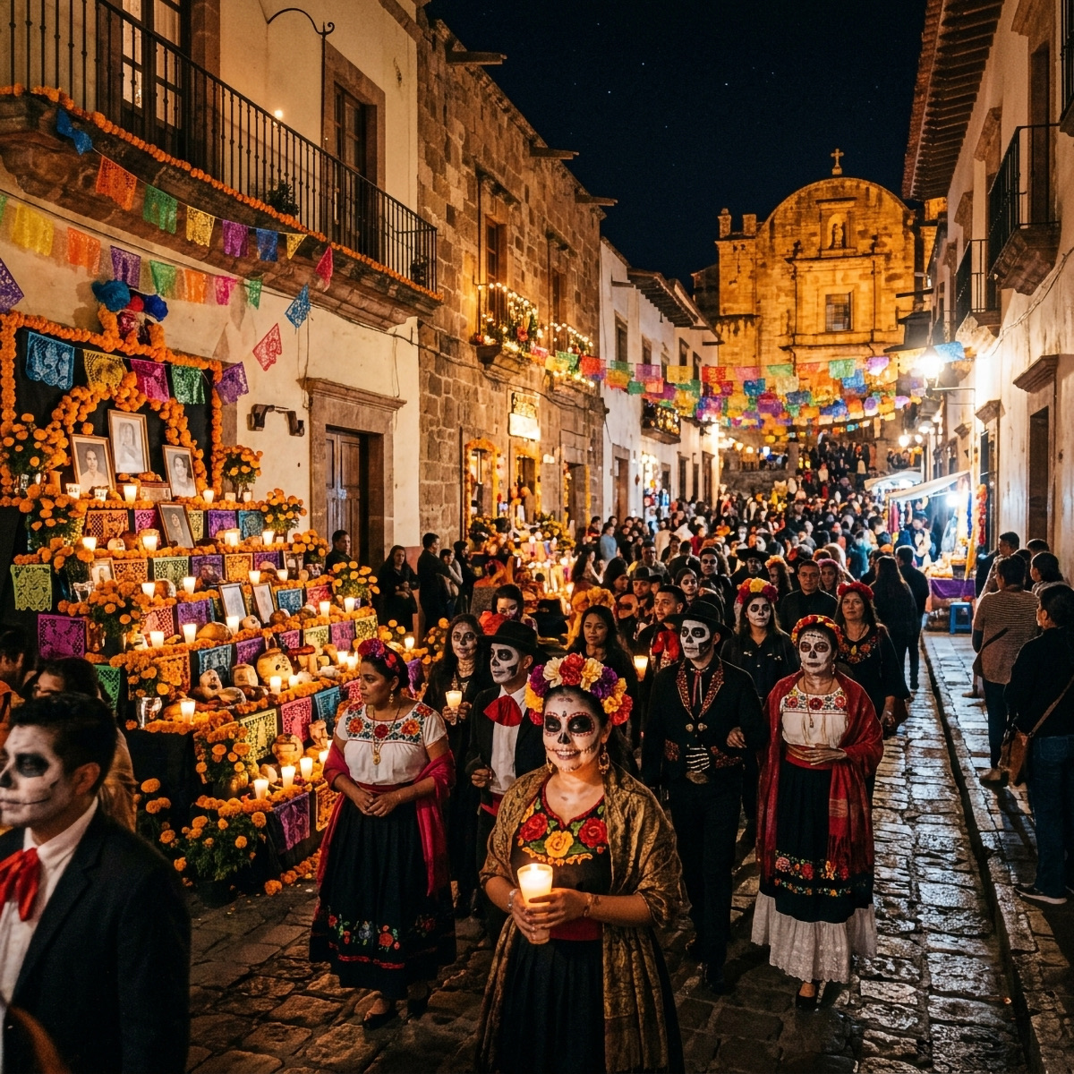 A candlelit Day of the Dead procession through a Mexican colonial street