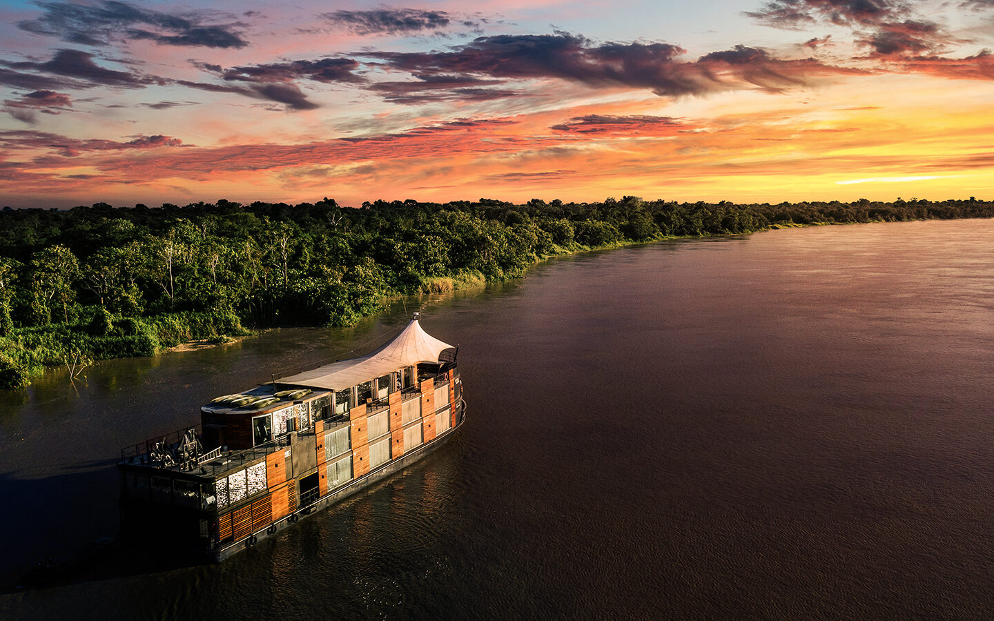 A river vessel on the Amazon at sunset