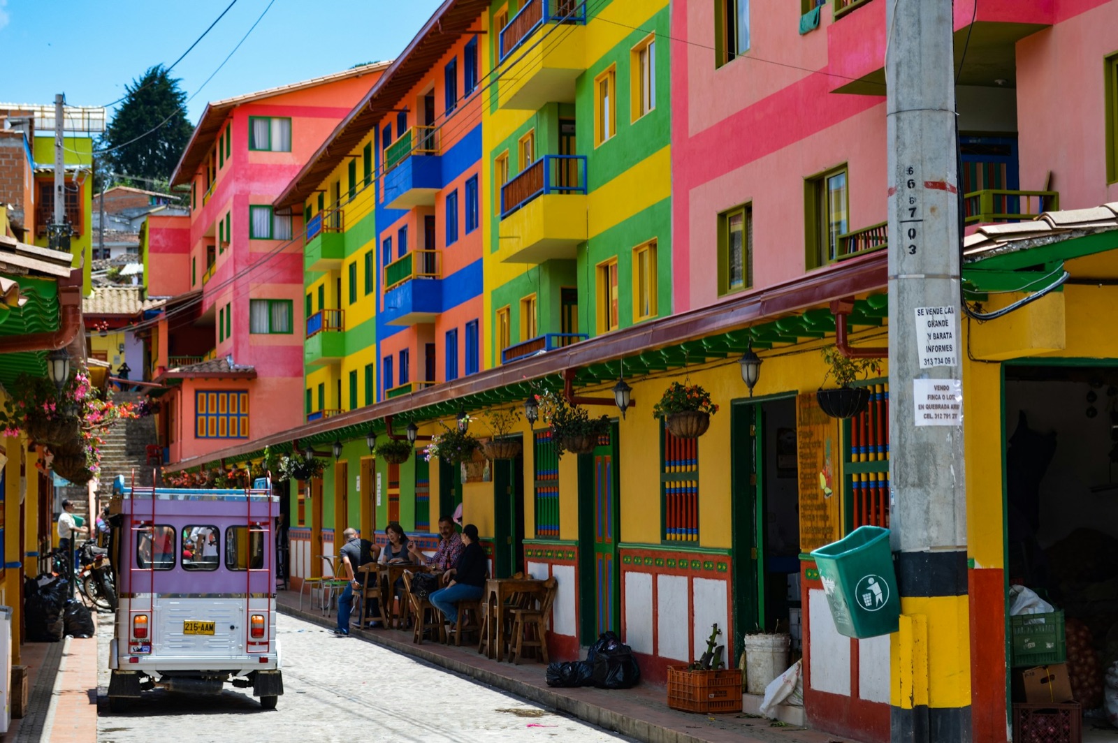A street of brightly painted houses in Guatape, Colombia