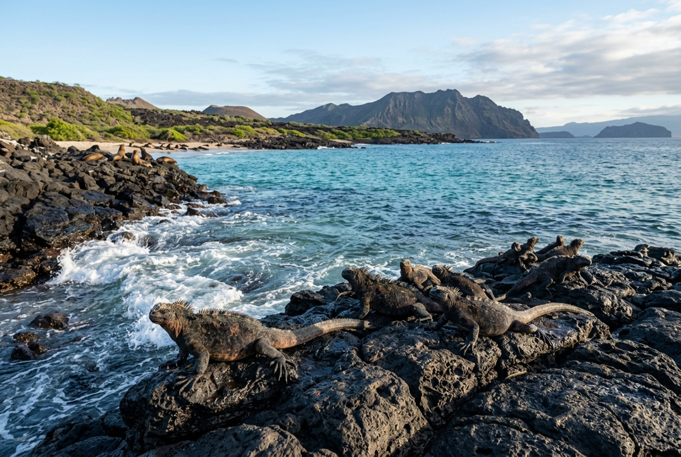 Marine iguanas on black lava rock above a Galapagos bay, sea lions on the beach beyond
