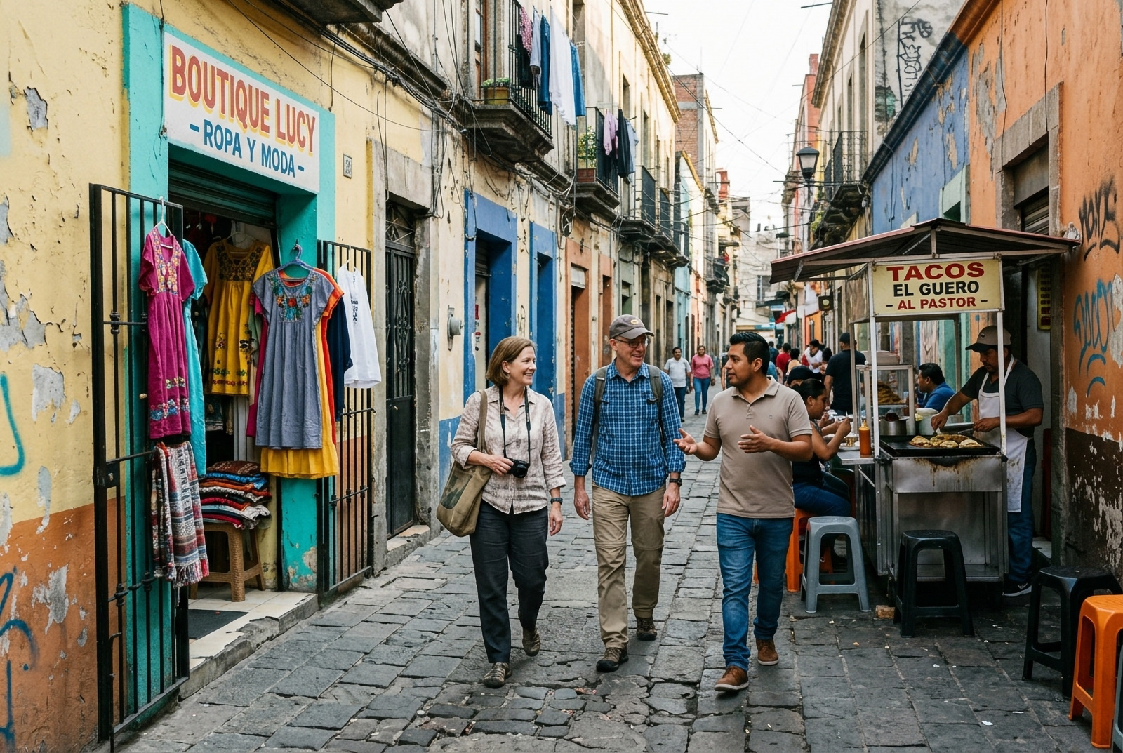 Two travelers walking a Mexico City street with a local guide, past a taco stand