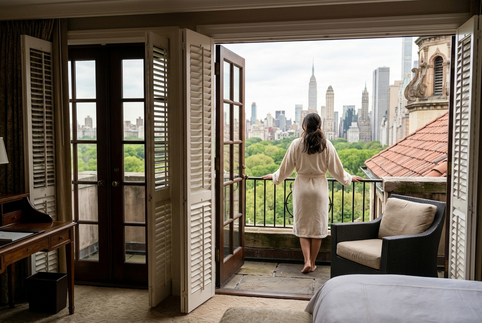Balcony doors open from a hotel room onto a city skyline and park