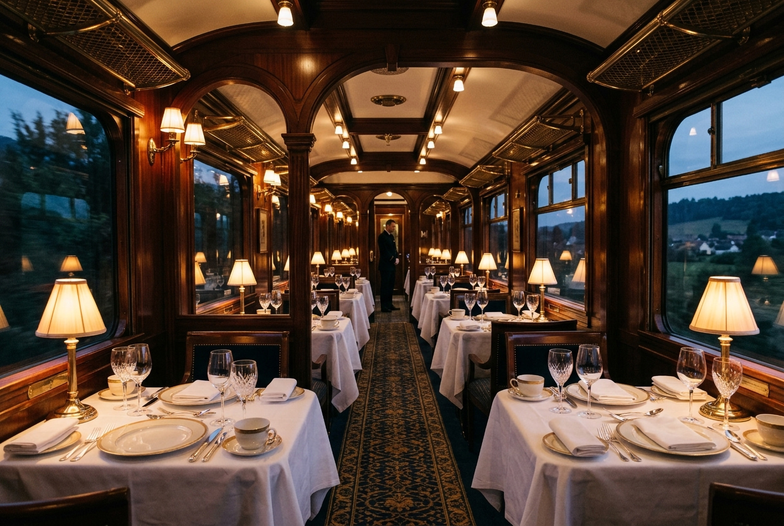 A dining car laid for dinner, lamps lit, landscape passing the windows