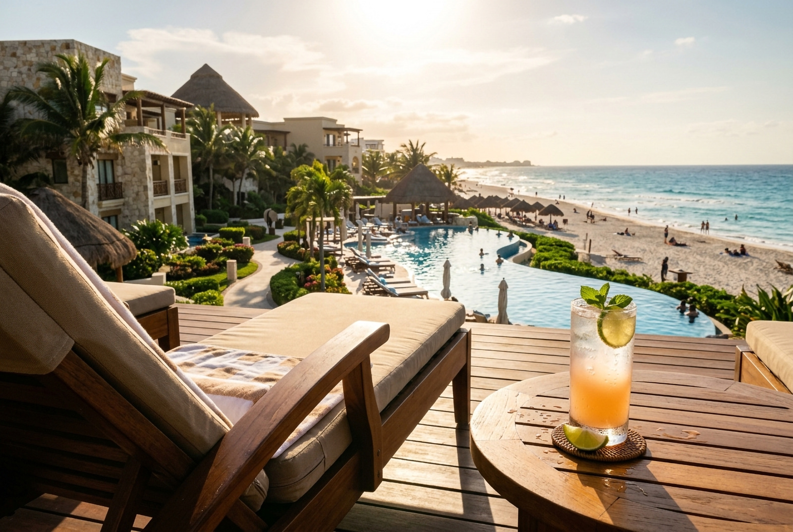 A lounger and a cold drink on a resort deck above the pool and beach